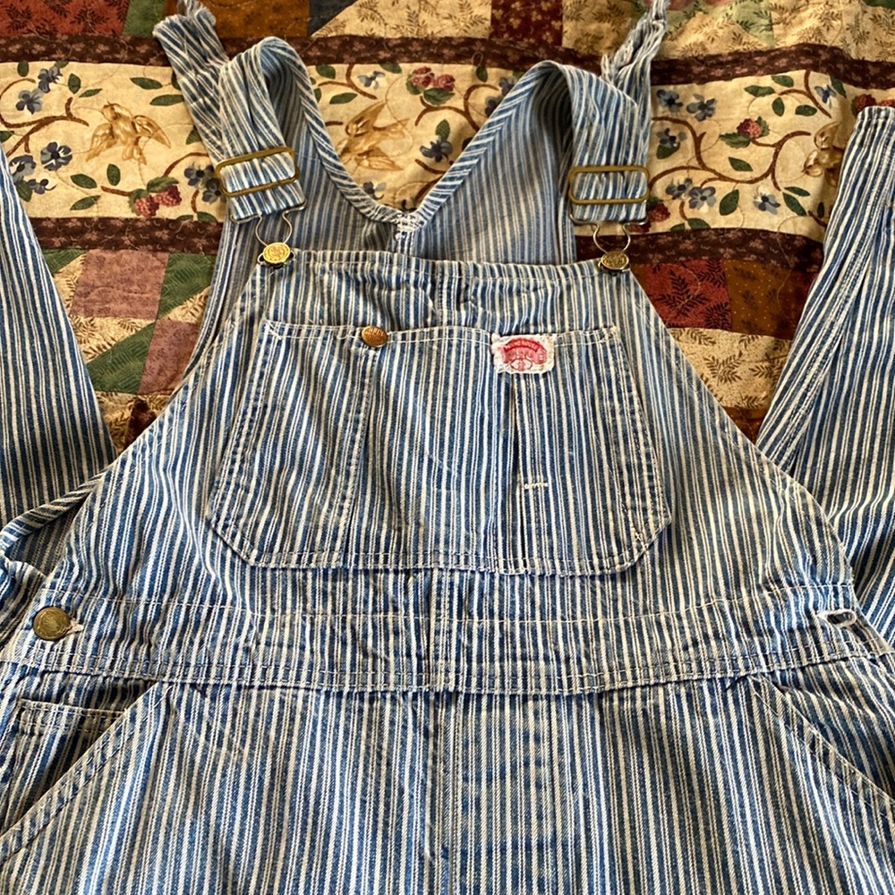 Vintage Round house striped bibs/overalls